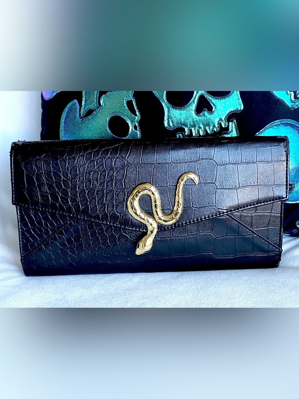 New York & Company Black Croc Gold Snake Accent Trifold Oversized Wallet Clutch